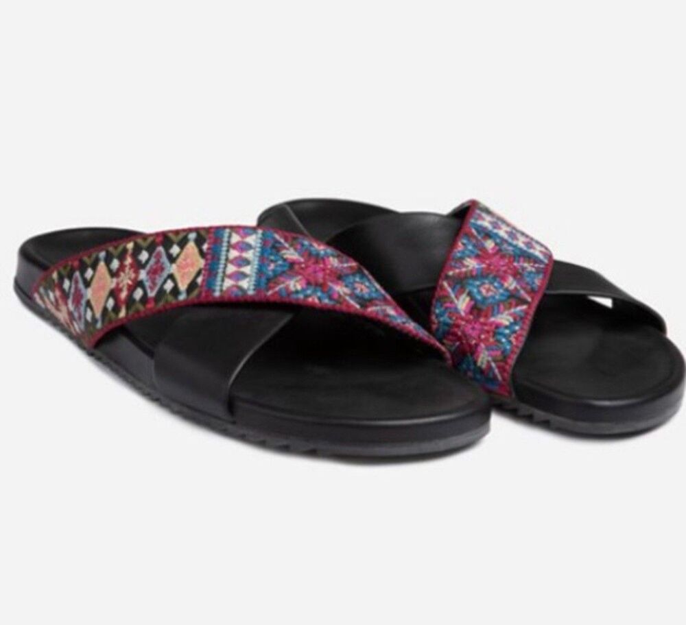 Johnny Was Beatriz Black Leather Slide Sandals Sz 36/US 6 New